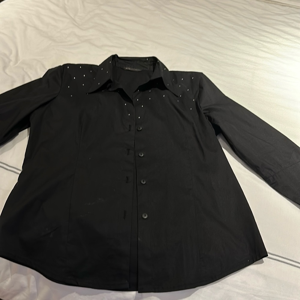 Super cute button down top with gorgeous crystal detail at top.
